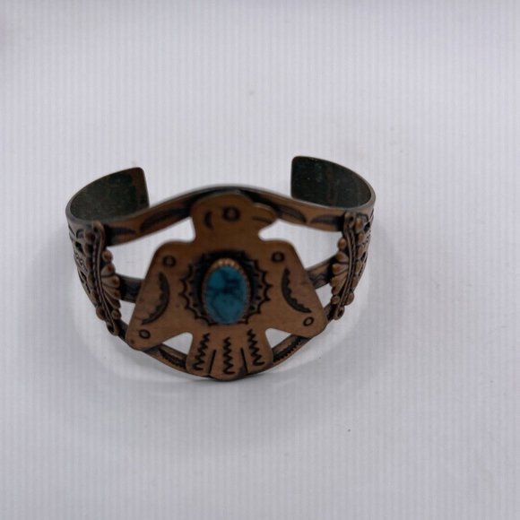 Solid Copper Native American Bird Turquoise Cuff Bracelet - Picture 1 of 6